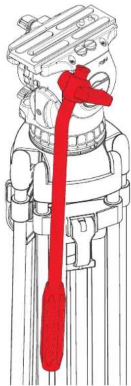 Line drawing of a tripod-mounted device with a red cable inserted, no text or symbols present
