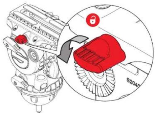 Technical diagram showing mechanical assembly with a red component highlighted and directional arrow indicating rotation or movement.
