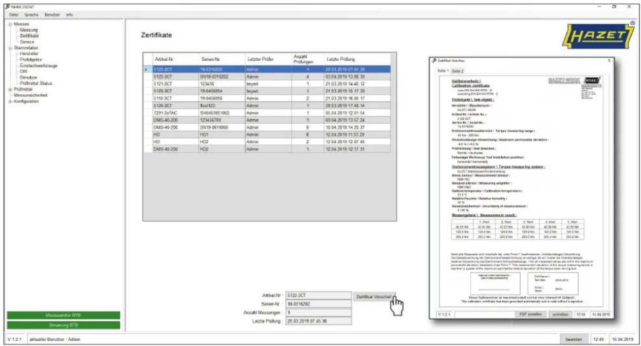 Software interface screenshot showing a Zertifikate certification certificate with document details and a table of audit results.