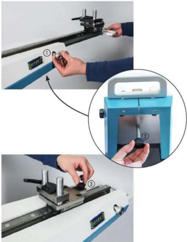 Technical diagram showing three steps of a mechanical testing setup with labeled components and a magnified inset view.