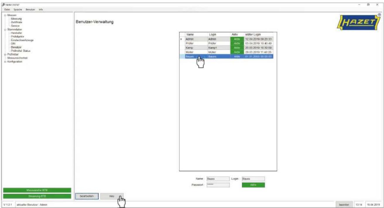 HANZER STATUT Date | Sprache | Benutzer | Info Mesen Messung Zeitkrats Service Standstation Handstalter Prozyspekte Einbeckverkzeuge ON Benutzer Poblattal Status Postnatal Messumsicherheit Korfiguration Benutzer-Verwaltung Name Login Aktiv witter Login Admin Admin Aktiv 12.04.2019 09:20:33 Prüfer Pr…