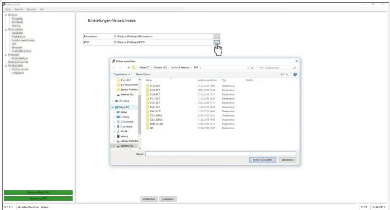 Einstellungen-Verzeichnisse Messwerts: D:\Service Profstand\Messwertel PDF: D:\Service Profstand\PDF1 Onder aussohnen Dauer PC > Volume (B:) > Service Profstand > PDF Organisieren > Neuer Onder Name Andtursdatum Typ Größe 3109-ICT 21.03.2019 18:05 Dataordner 3109-ICT 20.03.2019 17:48 Dataordner 3109…
