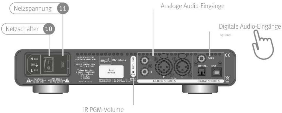 Netzspannung 11 Netzschalter 10 Analoge Audio-Eingänge Digitale Audio-Eingänge optional IR PGM-Volume