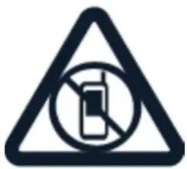 Warning sign depicting no phone usage, enclosed in a triangle with a circular symbol containing a device.