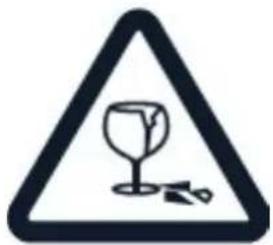 Warning sign depicting a wine glass with broken glass and a detached piece, commonly used in safety or hazard prevention.