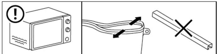 Diagram showing a microwave with warning symbol and cable connection, plus a cross symbol indicating disconnection or failure.