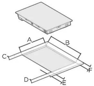 Technical diagram showing a device with labeled components A through F, including a top panel and a cross-sectional view.