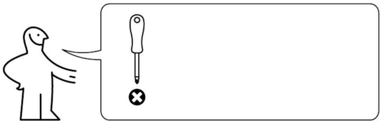 Diagram showing a person pointing at a screwdriver with an exclamation mark, likely illustrating a warning or error.