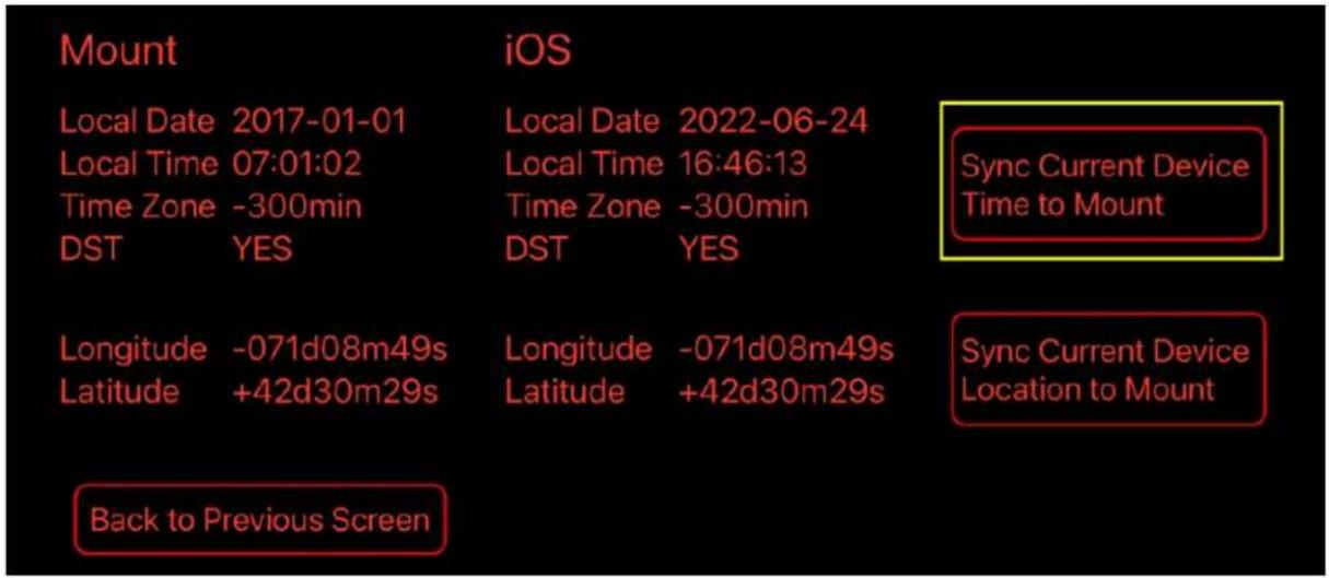 Mount Local Date 2017-01-01 Local Time 07:01:02 Time Zone -300min DST YES Longitude -071d08m49s Latitude +42d30m29s Back to Previous Screen iOS Local Date 2022-06-24 Local Time 16:46:13 Time Zone -300min DST YES Longitude -071d08m49s Latitude +42d30m29s Sync Current Device Time to Mount Sync Current Device Location to Mount