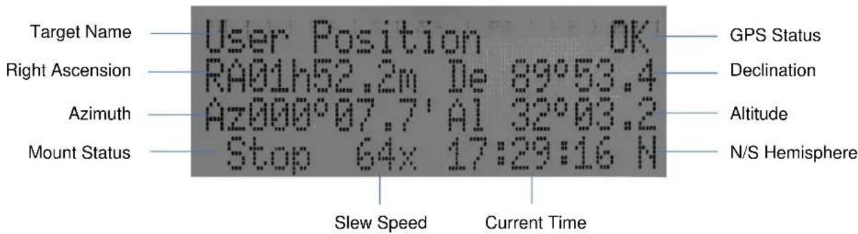 Target Name User Position OK Right Ascension RA01h52.2m De 89°53.4 Azimuth Az000°07.7' A1 32°03.2 Mount Status Stop 64x 17:29:16 N Slew Speed Current Time GPS Status Declination Altitude N/S Hemisphere