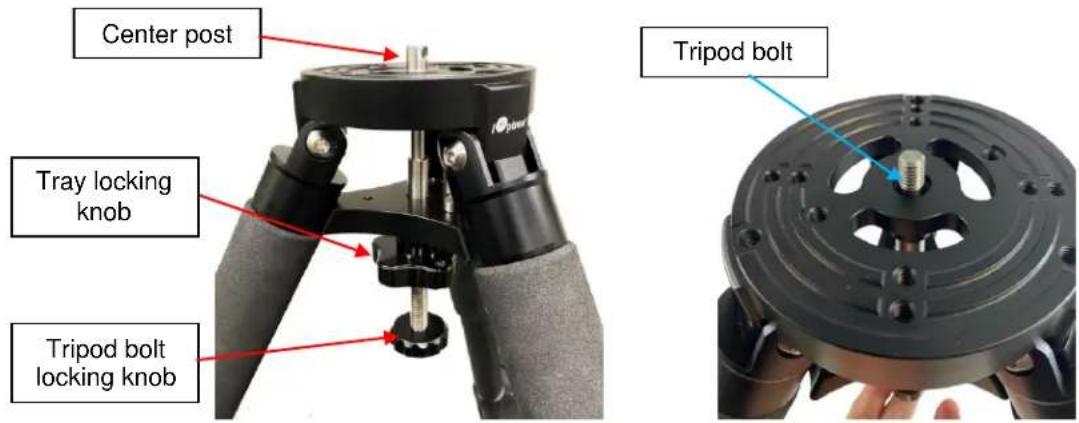 Center post Tray locking knob Tripod bolt locking knob Tripod bolt