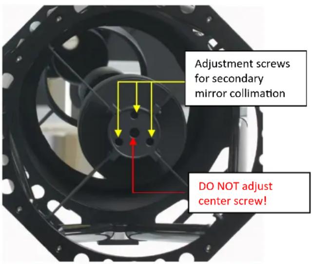 Adjustment screws for secondary mirror collimation DO NOT adjust center screw!