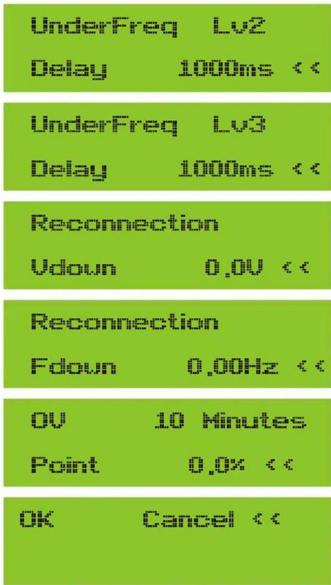 UnderFreq Lv2 Delay 1000ms × UnderFreq Lv3 Delay 1000ms × Reconnection down 0.0V × Reconnection follow 0.00Hz × Open time Point 0.0V × OK Cancel ×