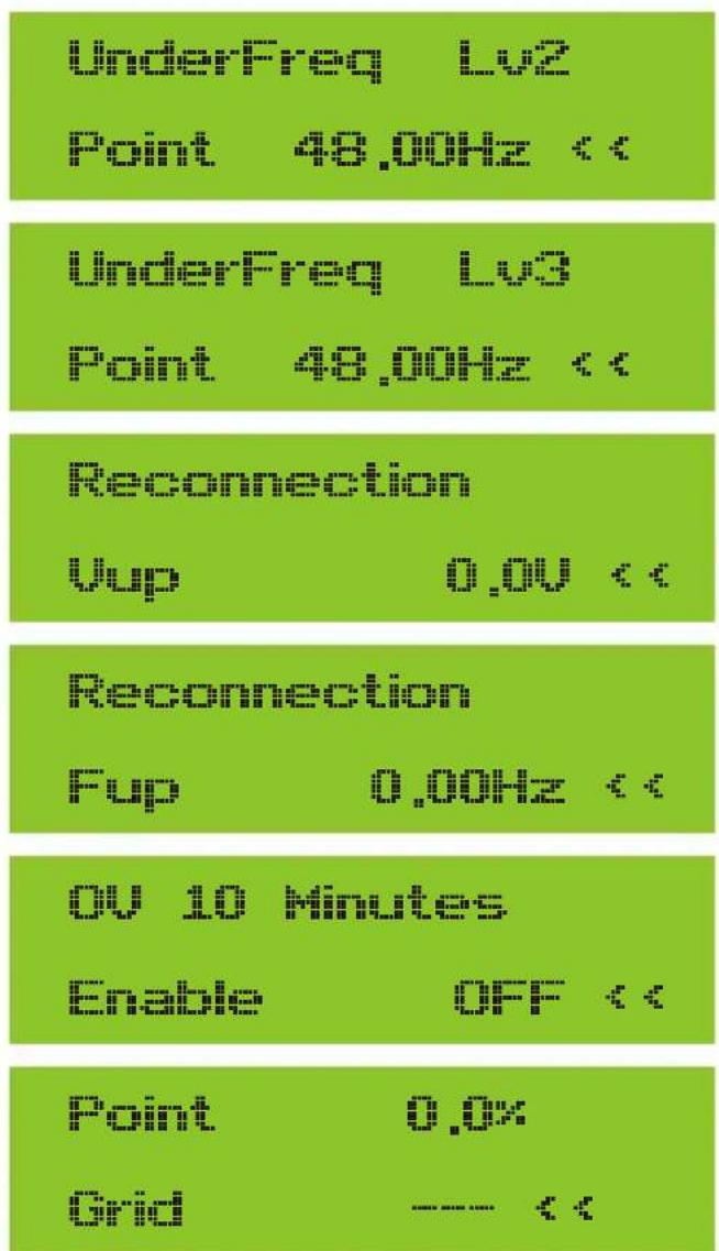 UnderFreq Lv2 Point 48.00Hz UnderFreq Lv3 Point 48.00Hz Reconnection Up 0.0V Reconnection Up 0.00Hz 0V 10 Minutes Enable OFF Point 0.0% Grid - - -