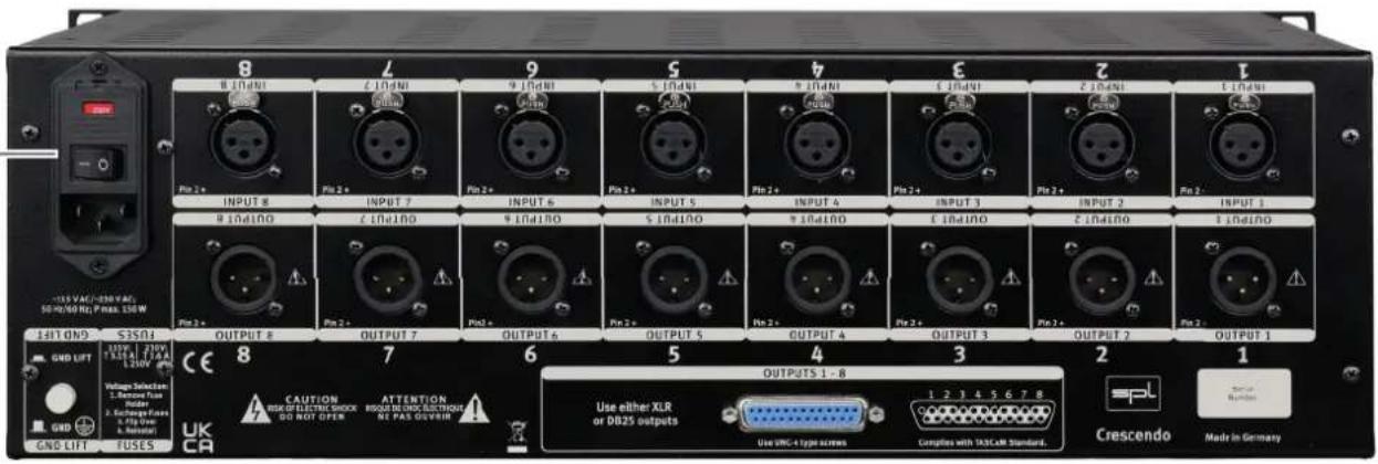135 VAC/230 VAC: 50Hz/60 Hz / 7MHz 128W INPUT 8 R 16A1NO OUTPUT 8 S3S4I GND LIFT Voltage Selection: 1. Demand Power 2. Exchange Flux 3. Flip Over 4. Signal GND LIFT FUSES CE 8 UK CA CAUTION RISK OF ELECTRIC SHOCK DO NOT OPEN ATTENTION RESQUIN ONDC SLECTIONS DE PAS OUVAIR OUTPUT 7 Rin 2+ Rin 2- OUTPUT 6 Rin 2+ Rin 2- OUTPUT 5 Rin 2+ OUTPUT 4 Rin 2+ OUTPUT 3 Rin 2+ OUTPUT 2 Rin 2- OUTPUT 1 OUTPUT 8 Catalyst Use either XLR or D025 outputs Use UMC-4 type screws 1 2 3 4 5 6 7 8 Complex with TAICAR Standard. Crescendo Made in Germany