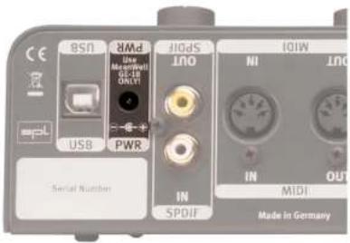 CE USB Serial Number MSD Use Maser/MI 0x10 ONLY PWR I/O SODI OUT IN SPDI I/OW NI OUT IN MIDI Made in Germany
