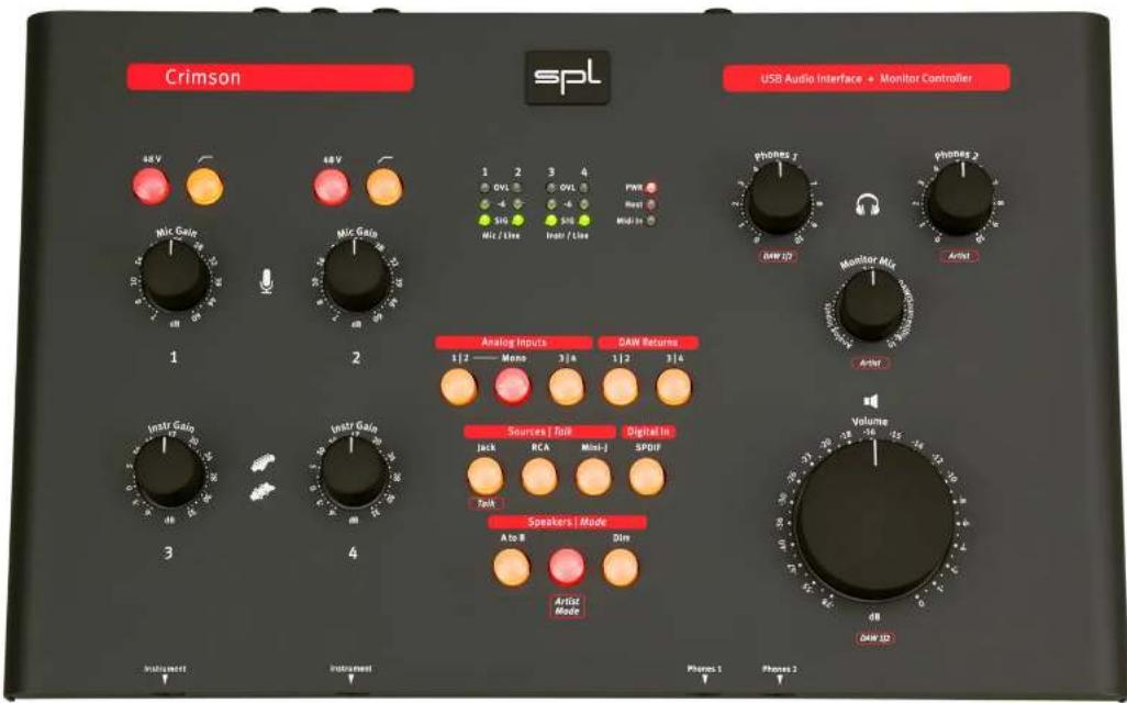 Crimson spl USB Audio Interface + Monitor Controller 48 V 48 V 1 2 3 4 DVL OVL HRS -4 -6 -4 SIN SIO Miz / Live Instr / Live PhONES 1 PhONES 2 DAW ID Monitor Mix Artist Analog Inputs DAW Returns 1/2 Mono 3/4 1/2 3/4 Instr Galo Instr Galo Sources | Folk Digital Int Jock RCA Mini-J SPOR Tolk Speakers | Mode A to B Dire Artist Mode Volume Instrument Instrument Phones 1 Phones 2 48 DAW ID
