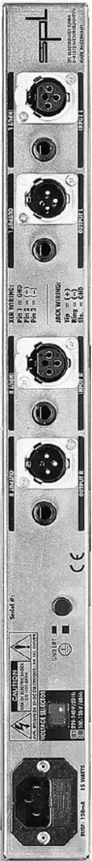 CAUTION VOLTAGE SELECTOR ON VOLTAGE SELECTOR OUTPUT R OUTPUT L JACK WIRING: Tip = (+) Ring = (-) Step = 0 INPUT L XLR WIRING: Pin 1 = GND Pin 2 = (+) Pin 3 = (-) OUTPUT R RUST: 126mA 15 WATTS
