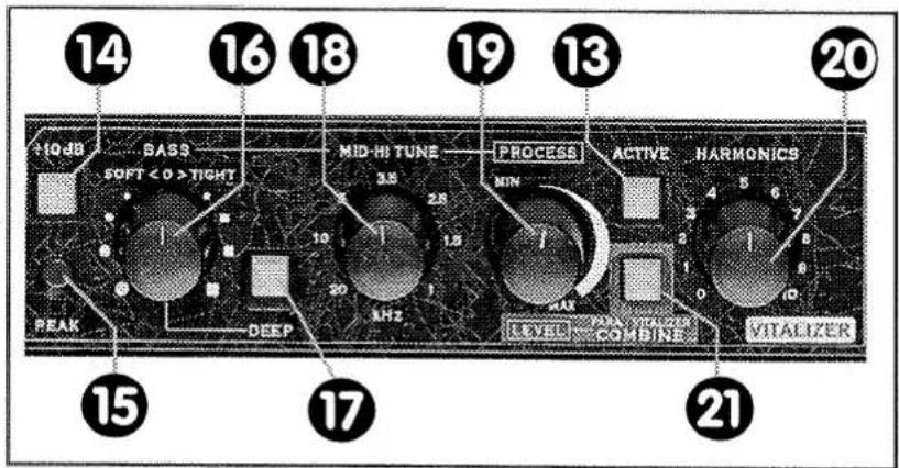 14 16 18 19 13 20 +IQdB BASS SOFT < 0 > TIGHT MID-HI TUNE PROCESS MIN ACTIVE HARMONICS PEAK DEEP 1.5 1.5 2.8 10 20 1MHz MAX LEVEL PUM VITALIZER COMBINE VITALIZER 15 17 21