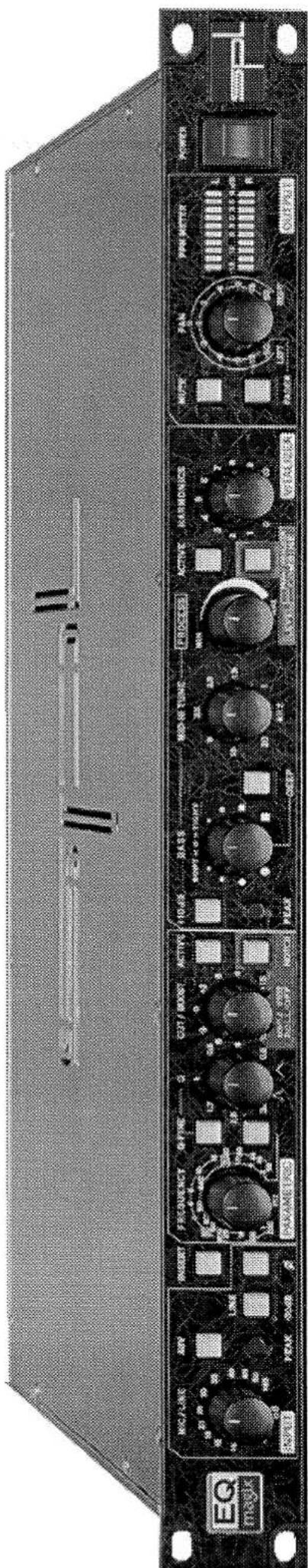 EQ maxix MIC/LINE AMP INSERT FREQUENCY OFFLINE OUT / BOOST ACTIVE 10.45 BASS MOD-NO TUNE PROCESS ACTIVE HARMONICS MUTE PAN PWM METER POWER INPUT PEAK GAIN PARAMETERS PEAK GAIN OUTPUT OUTPUT