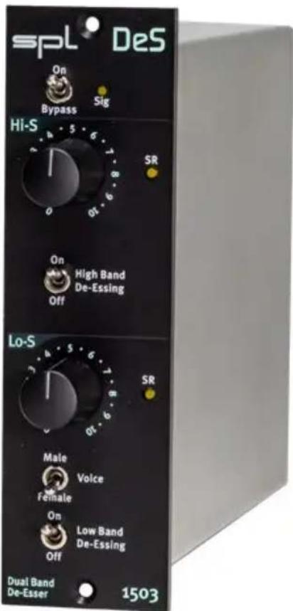 sPL DeS On Bypass Sig Hi-S SR 0 1 8 0 0.6 On High Band Off De-Essing Lo-S SR 0 1 8 0.6 Male Voice Female On Low Band Off De-Essing Dual Band De-Esser 1503