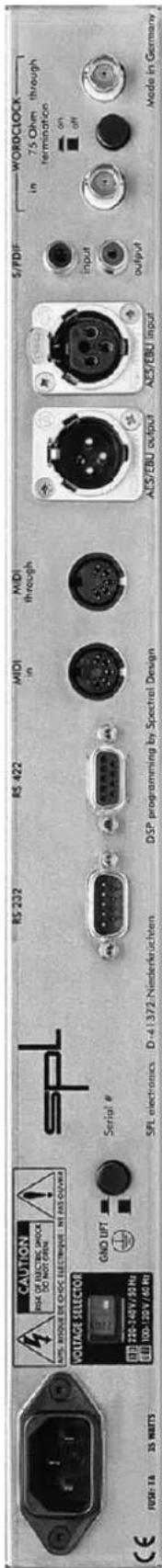 CAUTION RISK OF ELECTRIC SHOCK DO NOT OPEN VOLTAGE SELECTOR 1232 24V/50Hz 100A 12V/60Hz RSI electronics. D-4.1372-Niederleichen. DSP programming by Spectral Design HDI in HDI through Serial # GNO LIFT SPL 232 RS 422 HDI in HDI through S/P/DIF WORD/CLOCK in 75 Ohen through termination on on Input output Made in Germany