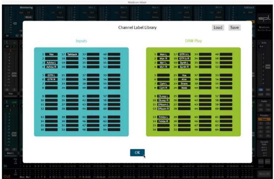 Channel Label Library Load Save Inputs 1 Vox 17 Taitback 33 49 2 18 34 50 3 AdvEx L 19 25 51 4 AdvEx R 20 36 52 5 GTR L 21 37 53 6 GTR R 22 38 54 7 23 29 55 8 24 40 56 9 25 41 57 10 26 42 58 11 27 43 59 12 28 44 60 13 29 45 61 14 30 46 62 15 31 47 63 16 32 48 64 DAW Play 1 Mon L 17 GTR b L 33 49 2 Mon R 18 GTR b R 34 50 3 Mst L 19 Synth L 35 51 4 Mst R 20 Synth R 36 52 5 Vax 21 Vox 37 53 6 Kick 22 Cym L 38 54 7 Synth Cym L 23 Base 39 55 8 Base Cym R 24 Base 40 56 9 Dloop L 25 Dloop R 26 Dloop L 27 Dloop R 28 Dloop L 29 Dloop R 30 Dloop L 31 Dloop R 32 Dloop L OK FawVox L 29 FawVox R 30 FawVox L Sample Time: No.1.1.1.1.1.1.1.1.1.1.1.1.1.1.1.1.1.1.1.1.1.1.1.1.1.1.1.1.1.1.1.1.1.1.1.1.1.1.1.1.1.1.1.1.1.1