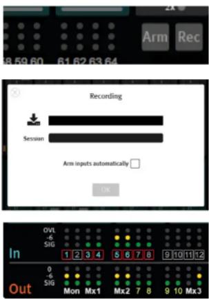 Arm Rec Recording Session Arm inputs automatically OK OVL -6 SIG 1 2 3 4 5 6 7 8 9 10 11 12 In 0 -6 SIG Mon Mx1 Mx2 7 8 9 10 Mx3 Out