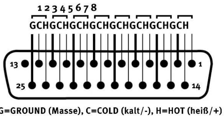 12345678 GCHGCHGCHGCHGCHGCHGCHGCHGCH 13 25 1 14 G=GROUND (Masse), C=COLD (kalt/-), H=HOT (heiß/+)