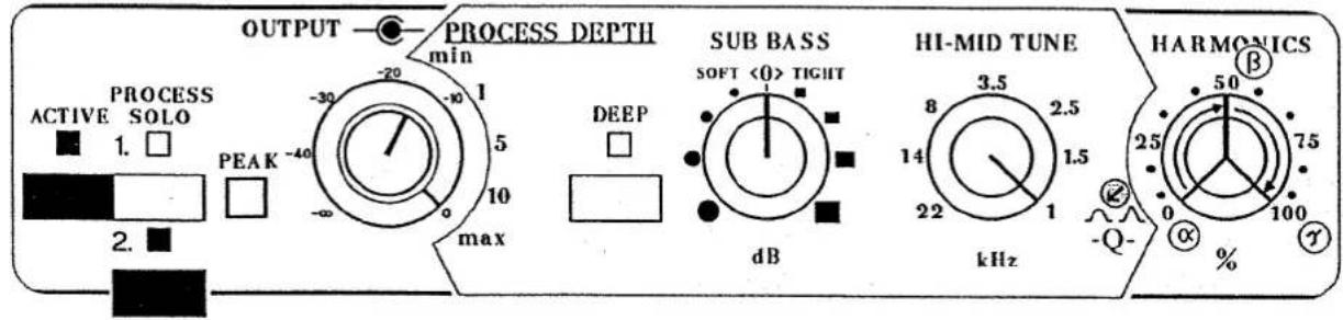 OUTPUT COMPRESS ACTIVE SOLO 1. □ PEAK -40 -30 -20 -10 5 10 max COMPRESS DEPTH min DEEP SUB BASS SOFT TIGHT dB HI-MID TUNE 8 3.5 2.5 14 1.5 22 1 kHz HARMONICS β 50 75 0 100 -%