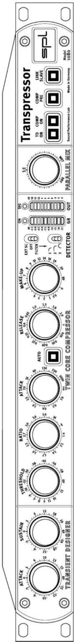ATTACK SUSTAIN TRANSIENT DESIGNER THRESHOLD RATIO ATTACK RELEASE MAKE-UP AUTO TWIN CORE COMPRESSOR EXT SC OFF FILTER OUT GR SIG 1:1 DETECTOR PARALLEL MIX Transpressor TD COMP ON COMP PRE LINK SLAVE spl Sound Performance Lab Made in Germany Model 1080