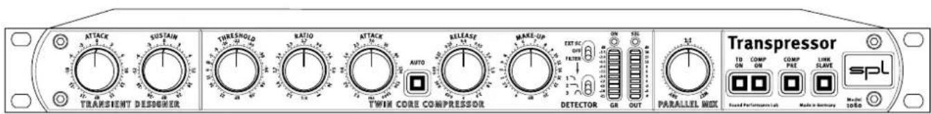 ATTACK SUSTAIN TRANSIENT DESOEMER THRESHOLD RATIO ATTACK RELEASE TWIN CORE COMPRESSOR MAKE-UP TEST SC OFF FETTER AUTO DETECTOR GR OUT 1:1 PARALLEL MODE Transpressor spl 1D ON COMP ON COMP PRE LINK SLAVE Sound Performance Unit Made in territory Model: 10860
