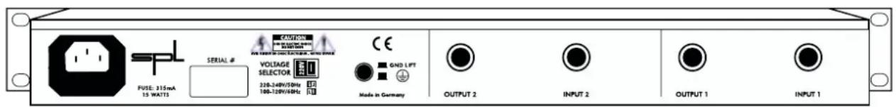PULSE: 315mA 15 WATTS SERIAL # VOLTAGE SELECTOR 220-240V/50Hz 100-120V/40Hz Made in Germany OUTPUT 2 INPUT 2 OUTPUT 1 INPUT 1