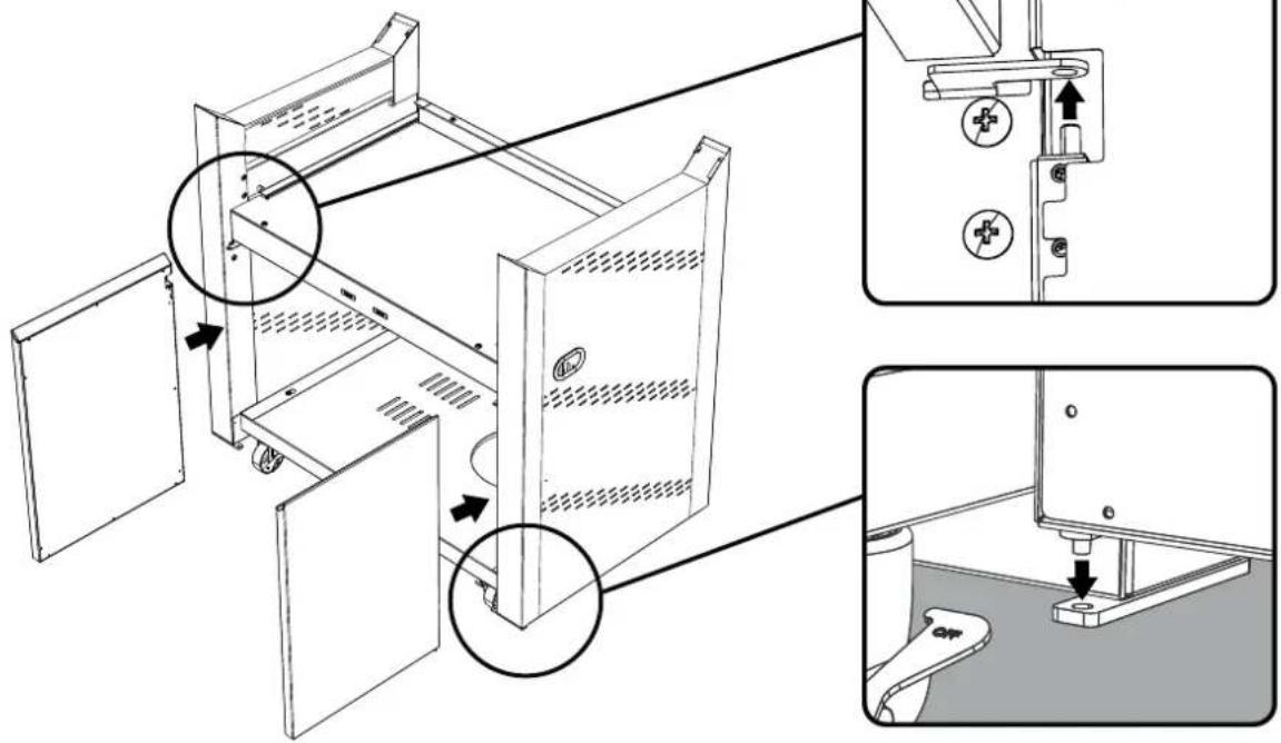 Technical diagram showing assembly steps of a server rack with labeled components and directional arrows indicating movement.
