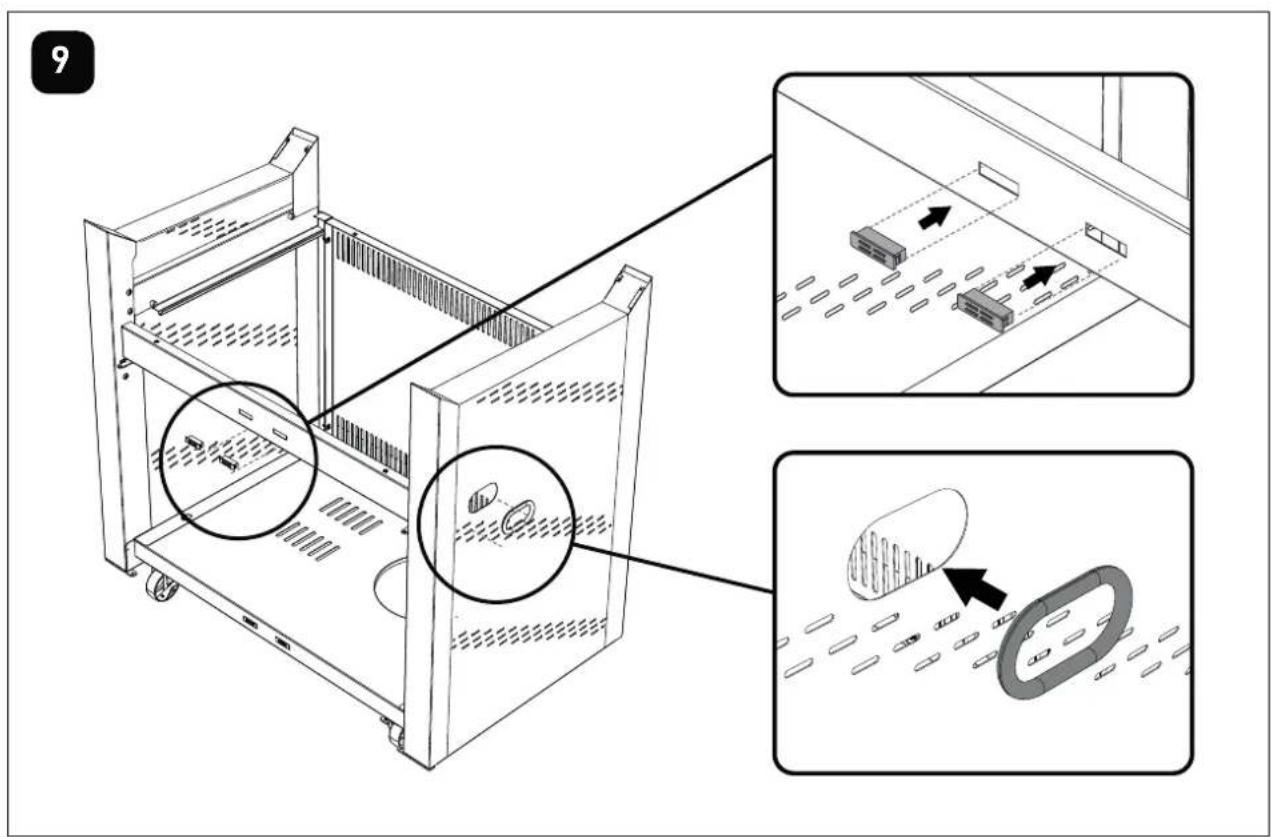 Technical diagram showing assembly steps of a server rack with labeled components and directional arrows indicating movement.