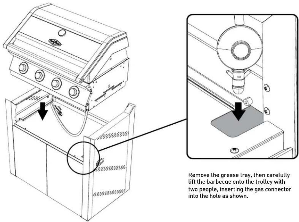 Remove the grease tray, then carefully lift the barbecue onto the trolley with two people, inserting the gas connector into the hole as shown.