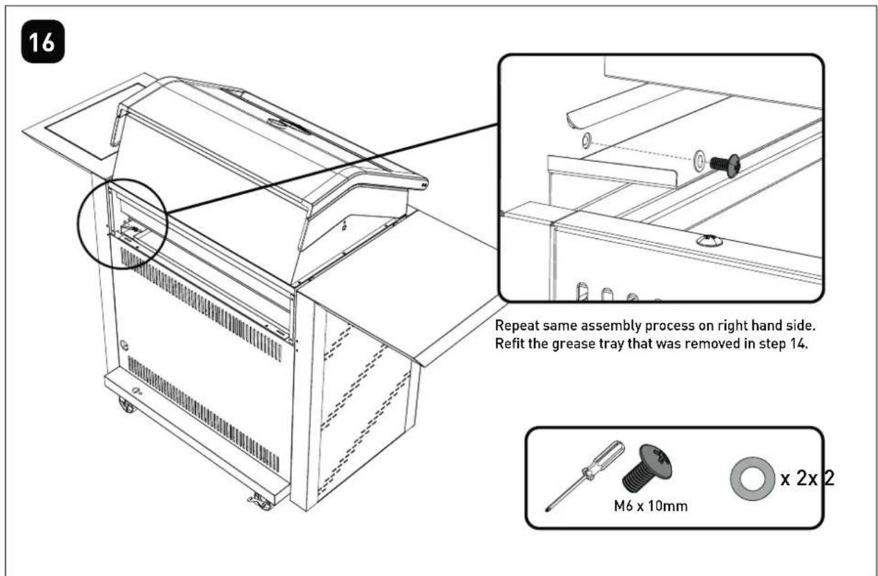 16 Repeat same assembly process on right hand side. Refit the grease tray that was removed in step 14. M6 x 10mm x 2x 2