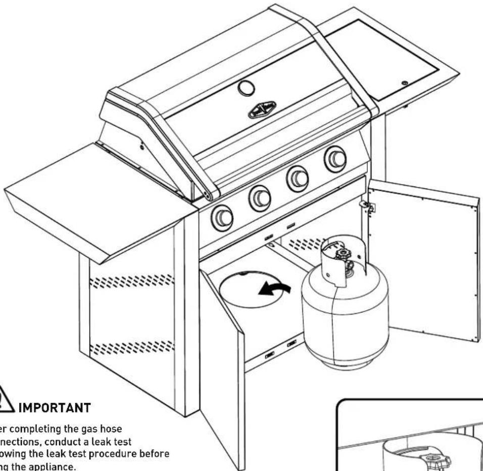 IMPORTANT er completing the gas hose nections, conduct a leak test owing the leak test procedure before ing the appliance.