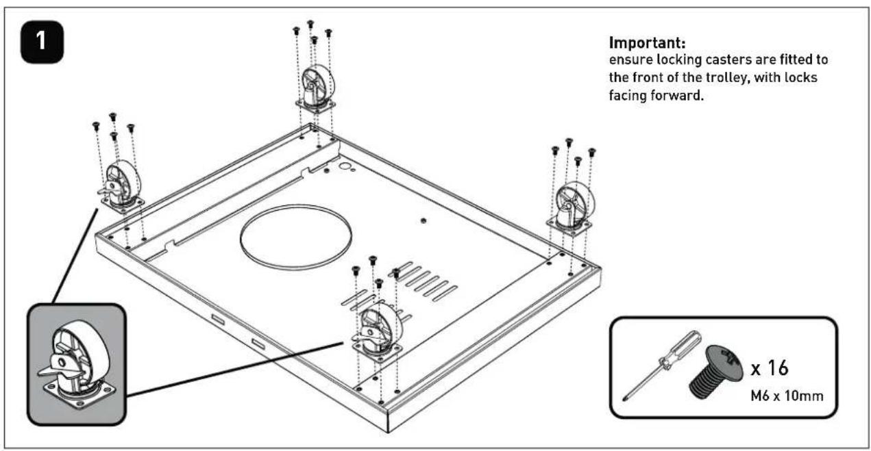 Important: ensure locking casters are fitted to the front of the trolley, with locks facing forward. x 16 M6 x 10mm
