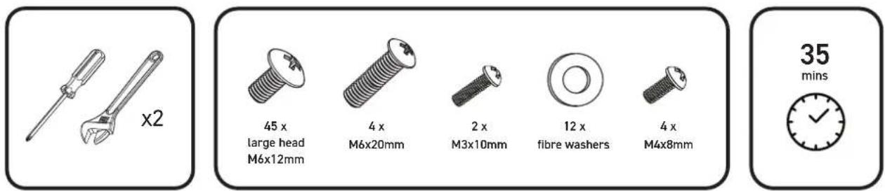 x2 45 x large head M6x12mm 4 x M6x20mm 2 x M3x10mm 12 x fibre washers 4 x M4x8mm 35 mins