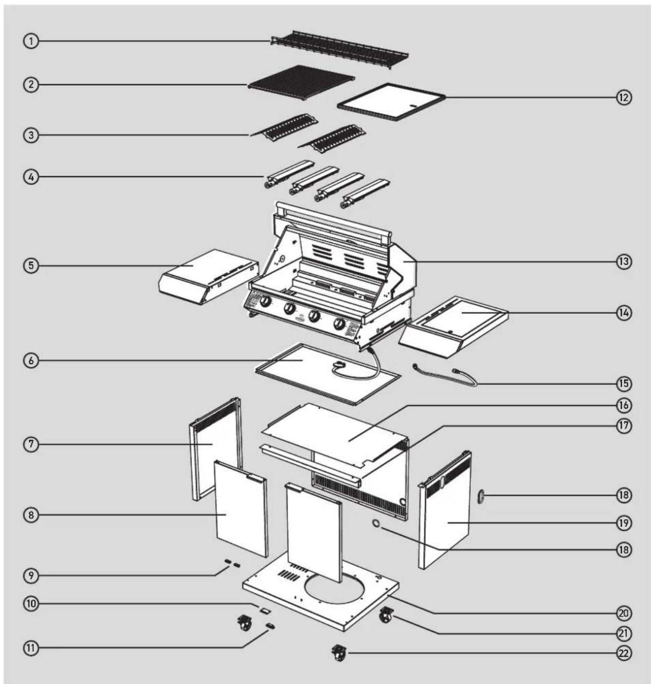 Exploded view diagram of a portable stove with numbered parts for identification