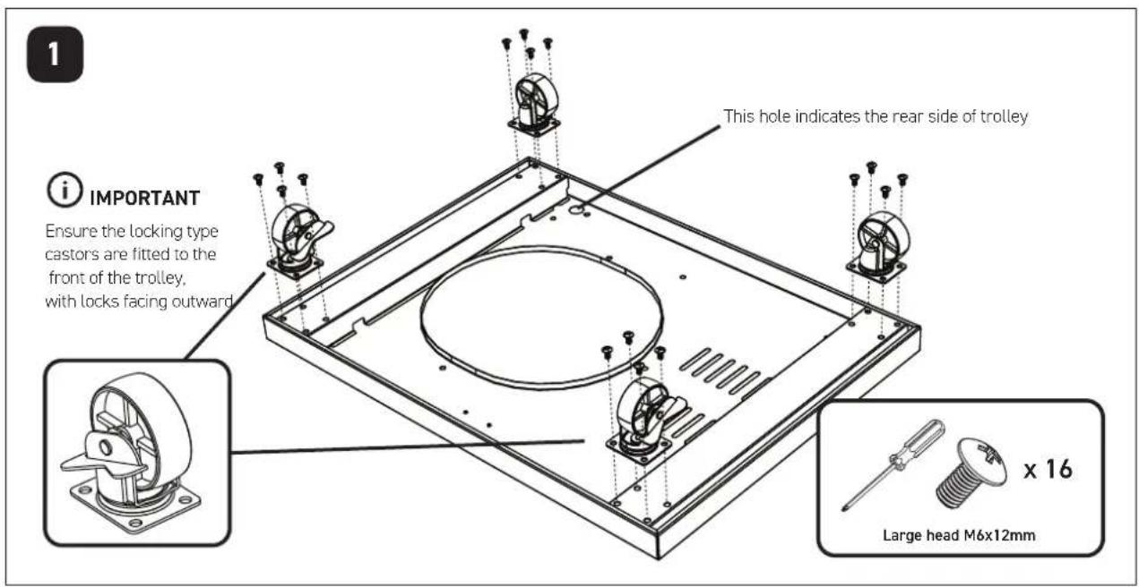 1 i IMPORTANT Ensure the locking type castors are fitted to the front of the trolley, with locks facing outward This hole indicates the rear side of trolley x 16 Large head M6x12mm
