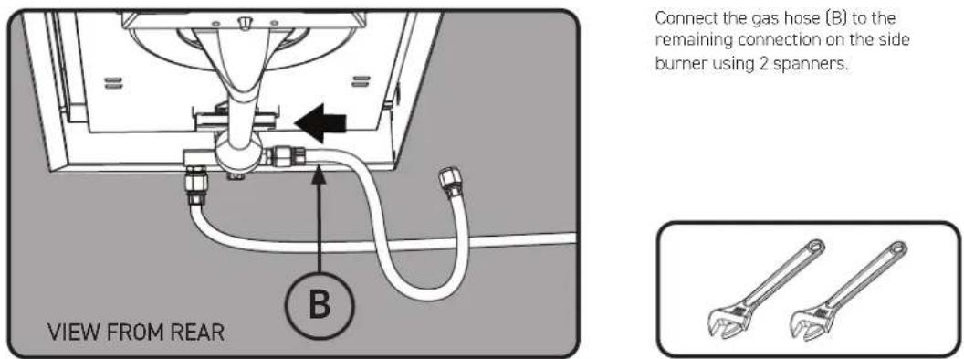 Connect the gas hose (B) to the remaining connection on the side burner using 2 spanners. VIEW FROM REAR