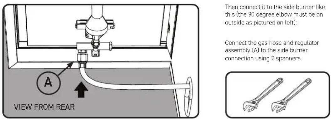 View FROM REAR A Then connect it to the side burner like this (the 90 degree elbow must be on outside as pictured on left): Connect the gas hose and regulator assembly (A) to the side burner connection using 2 spanners.