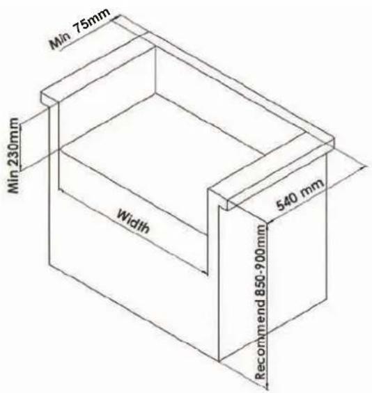 Min 75mm Min 230mm Width 540 mm Recommend 850-900mm