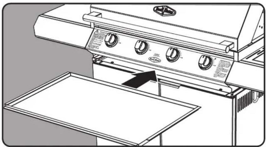 Technical diagram of a portable stove with control panel and tray, showing safety warnings and safety instructions.