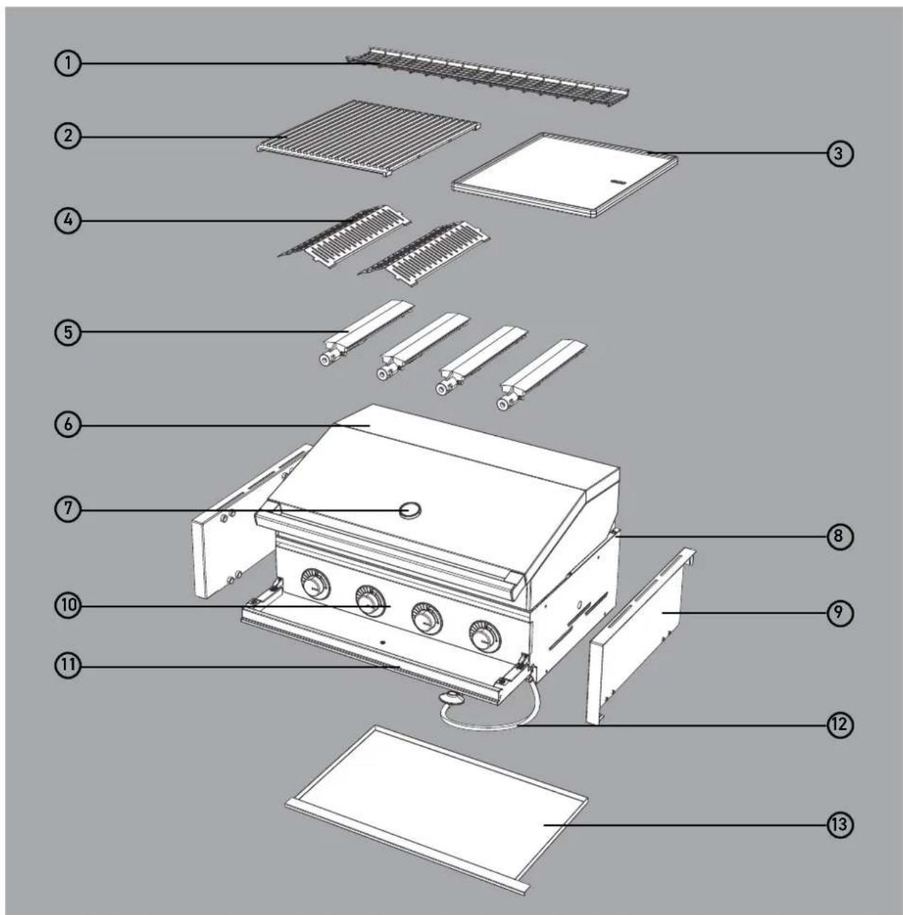 Exploded view diagram of a portable stove with numbered parts for identification