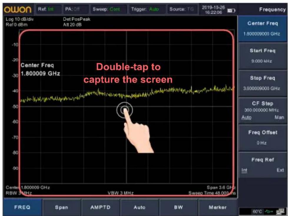 Double-tap to capture the screen Center Freq 1.800009 GHz Center Freq 1.800009 GHz Stop Freq 3.600009001 GHz CF Stop 380.000000 MHz Auto Man Freq Offset 0 Hz Freq Ref Int Ext FREQ Span AMPTD Auto BW Marker Log 10 dB/div Det PosPeak Att 20 dB Span 3.6 GHz VBW 3 MHz Sweep Time 48,000 ns Frequency 1.800009001 GHz Start Freq 9,000 kHz Stop Freq 3.600009001 GHz CF Stop 380.000000 MHz Auto Marker 60°C