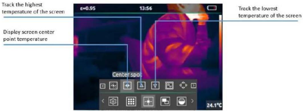 Track the highest temperature of the screen ε=0.95 13:56 Display screen center point temperature Center spot Track the lowest temperature of the screen 24.1°C