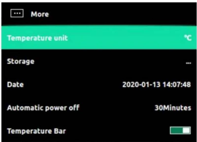 More Temperature unit °C Storage ... Date 2020-01-13 14:07:48 Automatic power off 30Minutes Temperature Bar